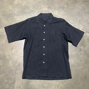 Vintage 90s Black Linen Open Collar Summer Shirt